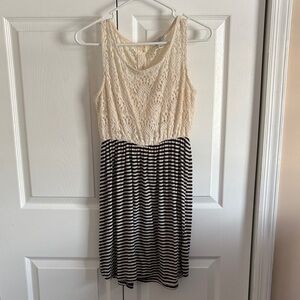 Cream and Navy Striped Lace Dress